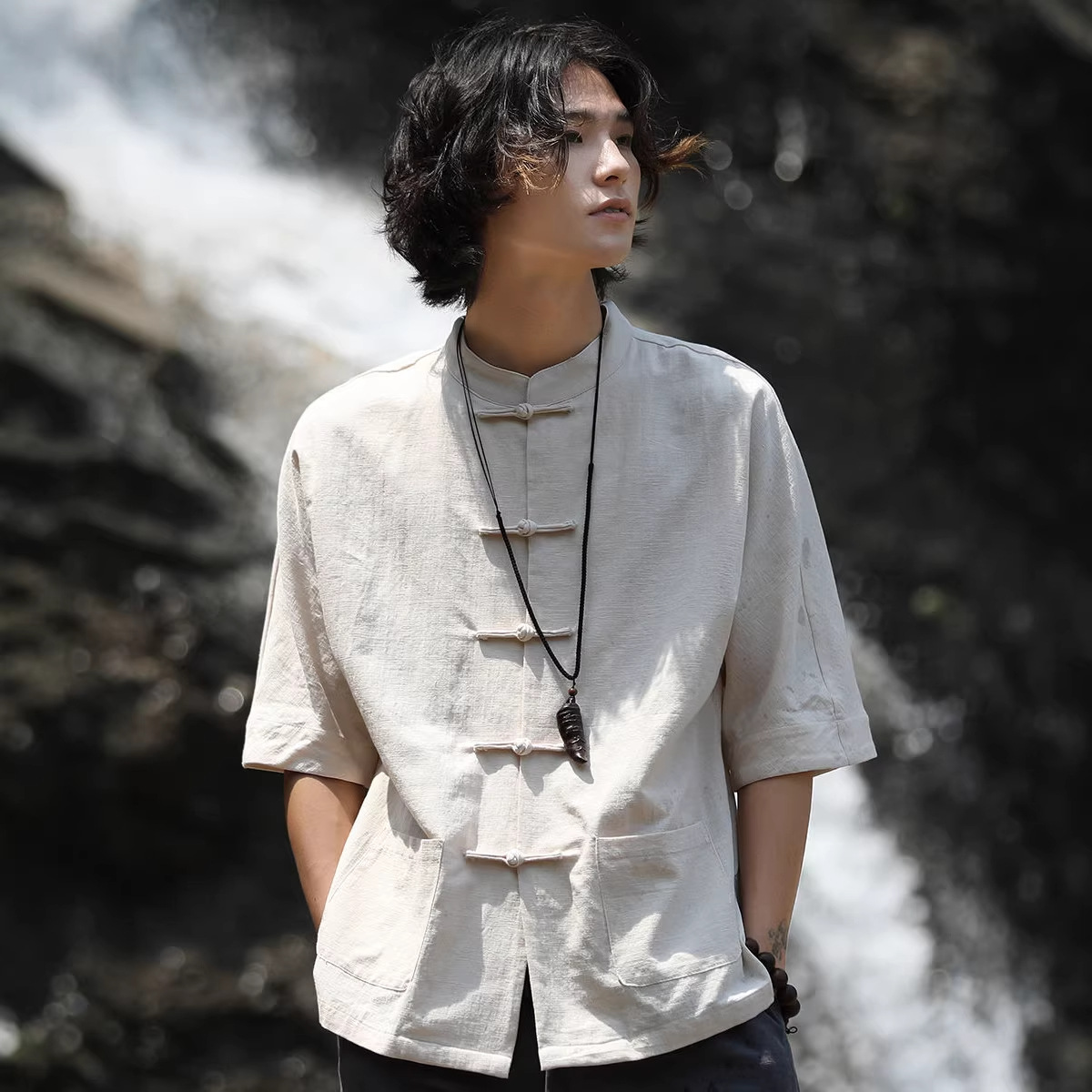 Men's Tang-style Hanfu, trendy retro youth Chinese style linen short-sleeved cotton and linen stand-up collar Zhongshan shirt