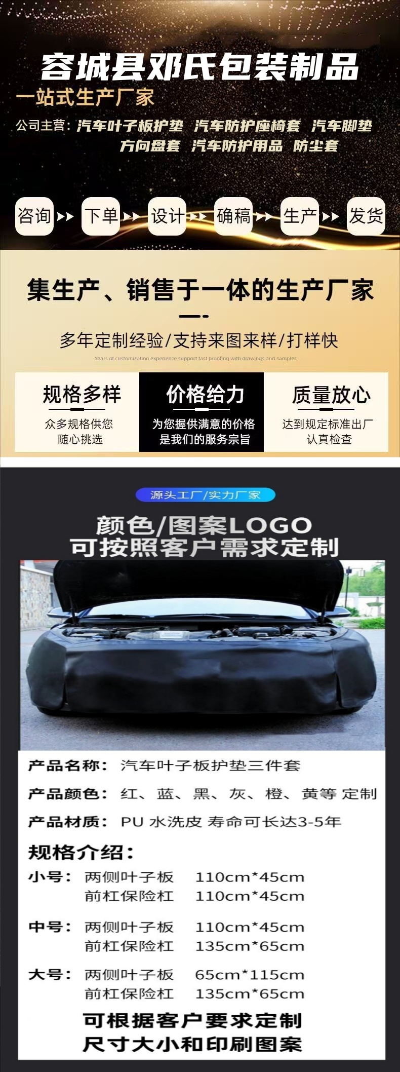 Car Repair Fender Protective Pad Washed Leather Three-Piece Set Auto Repair Maintenance Pu Seat Cover Foot Pad Protection Cloth Printing