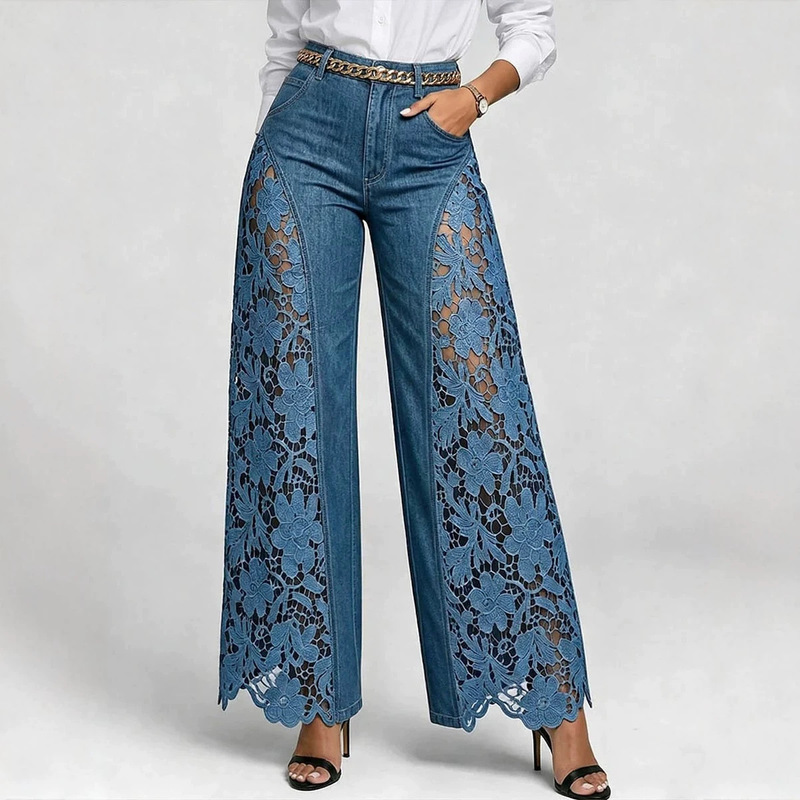 2026 High-Waisted Wide-Leg Pants for Women, Spring and Summer Fashion, Elegant and Versatile, Lace Patchwork Denim Drape Pants for Women