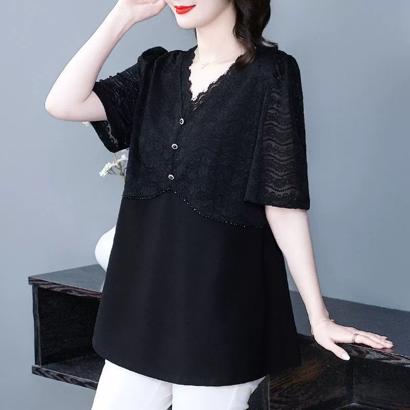 Летний новый кружевной высококлассный счетчик моды повседневный шифоновый прямой трубочка свободная тонкая рубашка топ женский большой размер