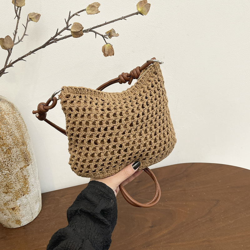 Vacation Beach Lightweight Crossbody Summer Hollow Woven Women's Color-Blocking 2026 New Style Seaside Shoulder Bag with Silk Scarf Vacation Beach Lightweight Crossbody Summer Hollow Woven Women's Color-Blocking 2026 New Style Seaside Shoulder Bag with Silk Scarf