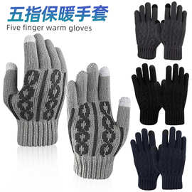 秋冬针织透气保暖手套提花纹理内里拉绒加厚分指触屏五指手套