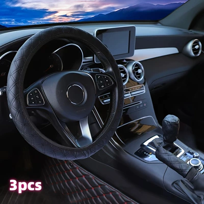 Cross-Border Foreign Trade Specializes in Quilted Embroidered Three-Piece Sets of Car Steering Wheel Covers, Handbrake Covers, and Gear Lever Covers for Amazon, Temu, and Shopee (Sürətlər qutusu və əl tormozu başlıqları) - black-three-piece-suit