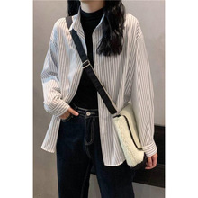 复古港风ins黑白条纹衬衫女设计感百搭polo领长袖秋季衬衣外套潮