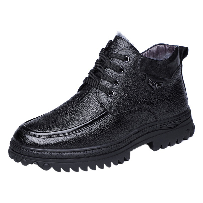Primera capa de invierno de lana de vaca de los hombres de cuero genuino forrado de lana caliente zapatos de algodón casual ancianos papá zapatos de cuero extra grande tamaño 46