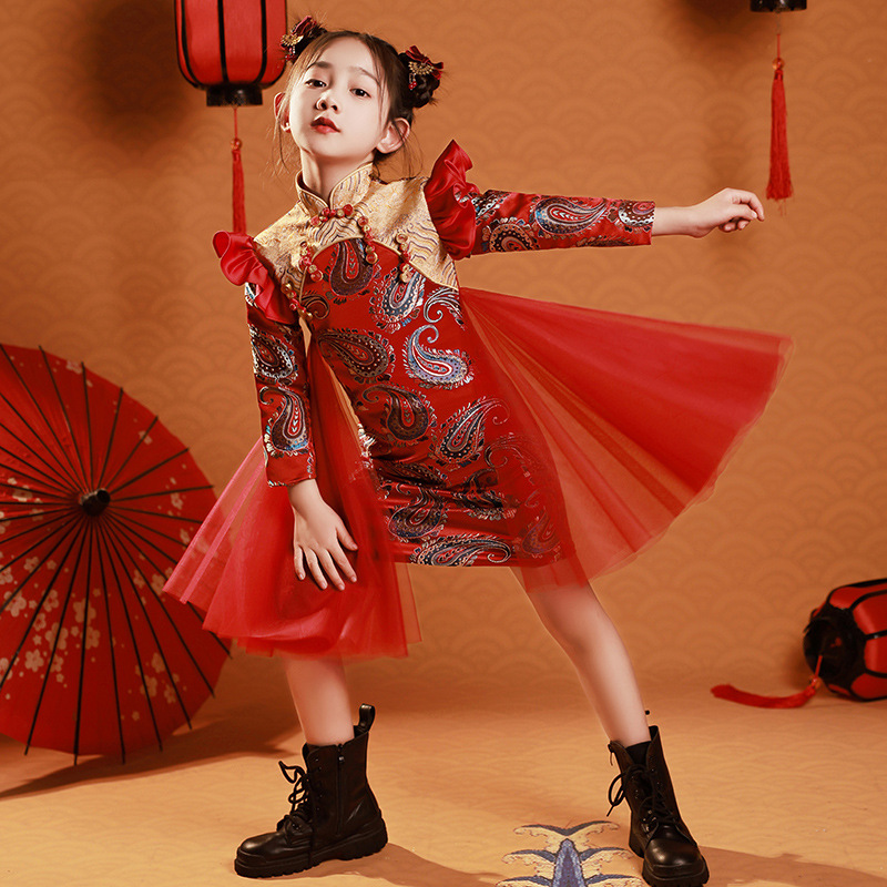 女童國潮風旗袍禮服春秋新款兒童古箏春季演出走秀禮服唐裝女裙