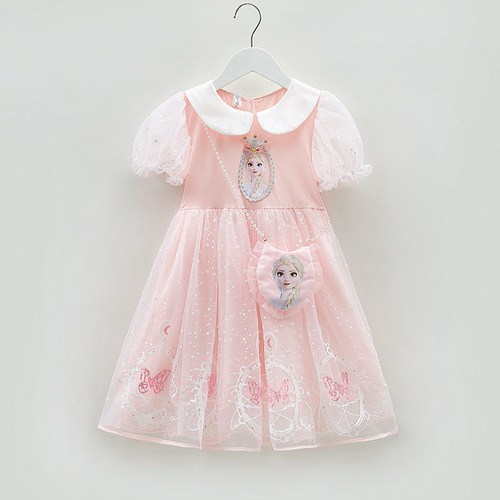 Girls Elsa Princess Dress 2024 Summer Dress Children's Frozen Style Mesh Dress Baby Short Sleeve Dress