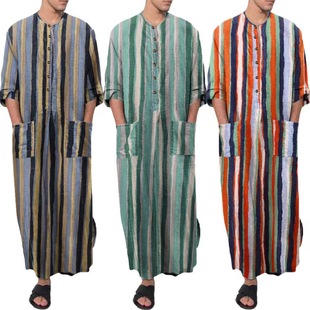 Southeast Asian Summer Loose Stand-Up Collar Door-Tube Gradient Striped Long-Sleeved Robe Middle Eastern Muslim Robe Men's Ethnic Style