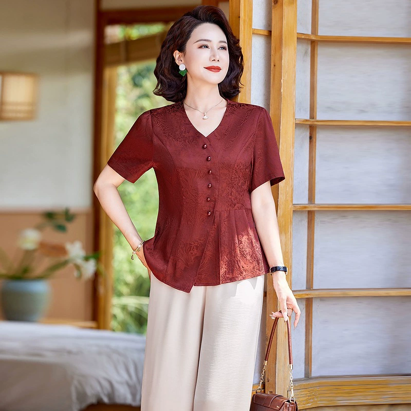 Леди темперамент Летний набор мама с короткими рукавами, женщины среднего и пожилого возраста, новая китайская рубашка с принтом, набор из двух частей