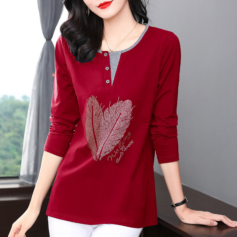 Cross-Border Long-Sleeved T-Shirt Women's Blue Plus Size Women's Clothing New Elegant Middle-Aged Mother's Clothing Loose Hot Diamond Top Clothing Cross-Border Long-Sleeved T-Shirt Women's Blue Plus Size Women's Clothing New Elegant Middle-Aged Mother's Clothing Loose Hot Diamond Top Clothing