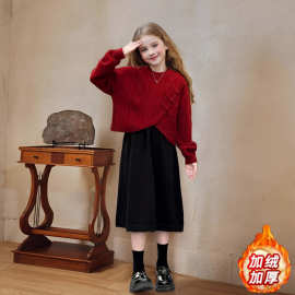 【北极绒+双面德绒280克】女童冬季连衣裙套装红色毛衣背心裙两件