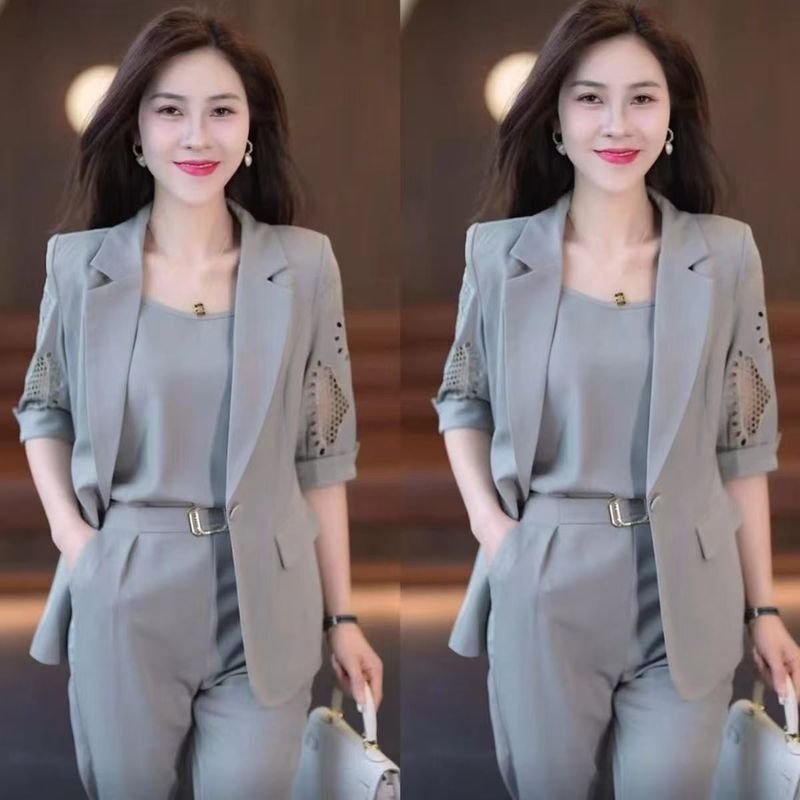 职业西装三件套女2025新款时尚夏季显瘦洋气质哈伦裤套装薄|undefined