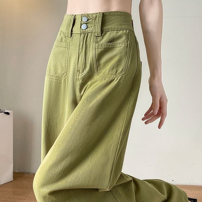 绿色宽松遮胯休闲秋装牛油果薄款直筒拖地长裤多巴胺阔腿牛仔裤女|undefined