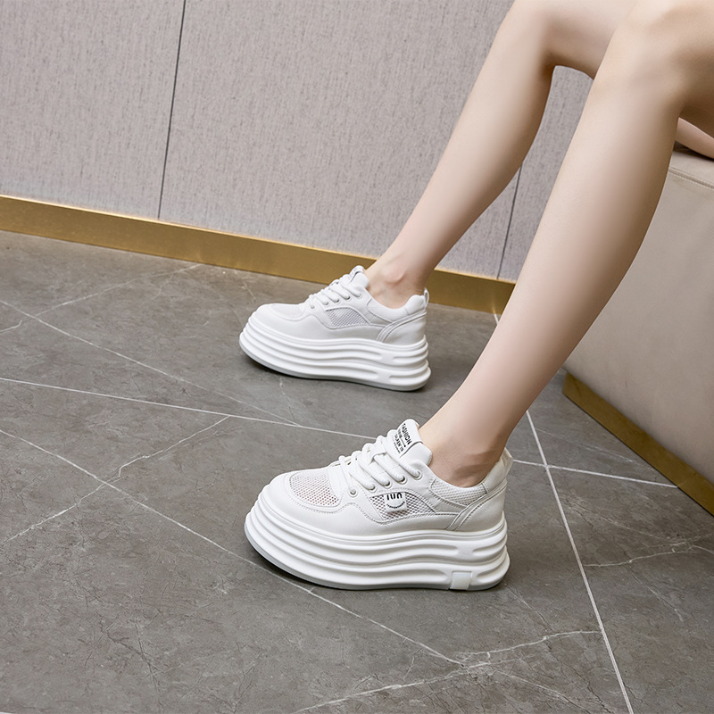 2025 New Thick-soled Genuine Leather White Shoes Women's Mesh Single Shoes sneaker Women's Korean-style Inner Height Increasing Casual Sneakers