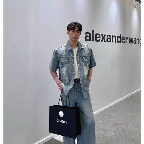 Summer Washed Distressed Denim Short Sleeve Shirt for Men American Retro Trend Loose Casual Versatile Youth T-shirt