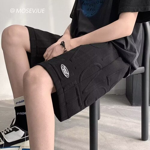 Minimalist Wide Leisure Pants for Men - Summer High-End Honeycomb Drawstring Sports Beach Shorts with Hong Kong Style Relaxed Five-Finger Shorts