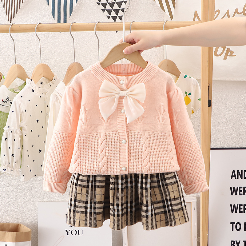 2023 neue kinder frauen Schatz Pullover Mädchen Gestrickte Bogen Rock Zwei Stück Set Modische_voghion.com