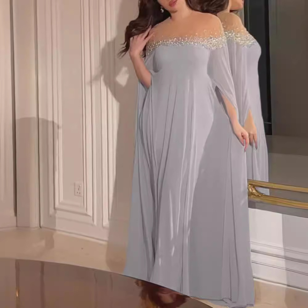 Vestido de Noche Elegante y Sexy de Estilo Europeo y Americano, Primavera/Verano 2023, Cintura Alta, con Pedrería y Perlas, en Chifón. image 5