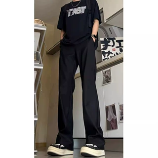 cleanfit黑色裤子男款夏天高腰显瘦马吉拉西裤直筒垂感vibe微喇裤