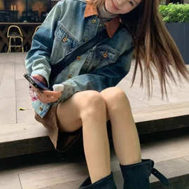 欧货番qie妹妹2025秋季水洗蓝灯芯绒领复古落肩廓形牛仔夹克女