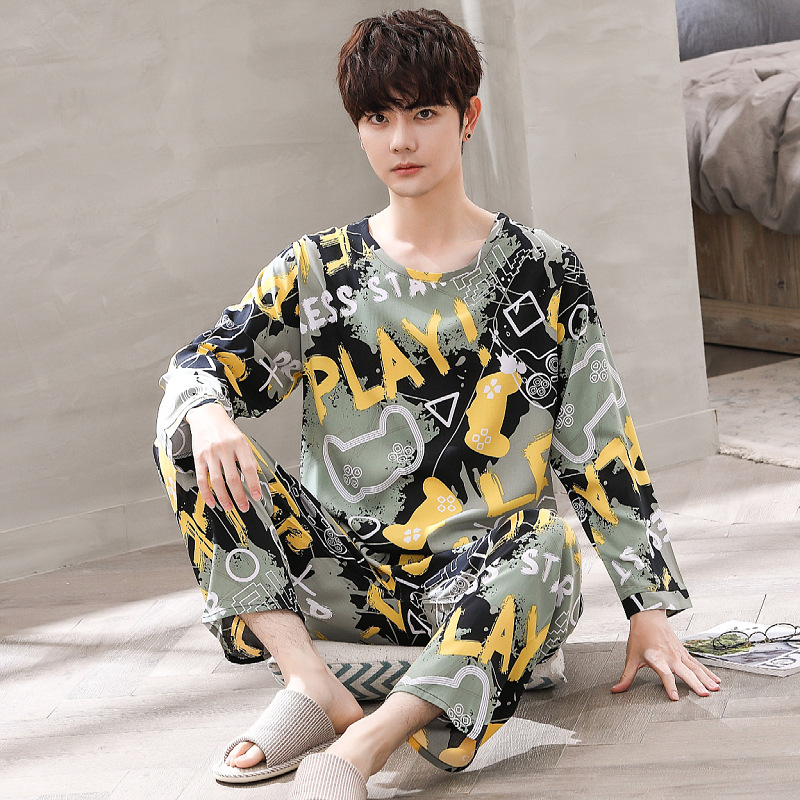 Men's Pajamas, Cotton Silk Long-Sleeved Thin Cotton Silk, Youth Cartoon Home Clothes Set, Large Size, Can Be Worn Outside, Breathable