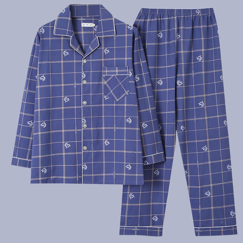 100% algodón pijamas de los hombres de primavera y otoño de manga larga traje de dos piezas más el tamaño suelto de la Juventud de los hombres homewear Delgado