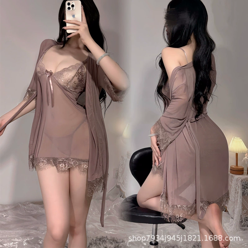 Сексуальное женское белье, сексуальное кружево, маленькая грудь, искушение, ночная рубашка на подвязках, верхний халат на шнуровке, домашняя одежда, европейские и американские пижамы, жаркое лето