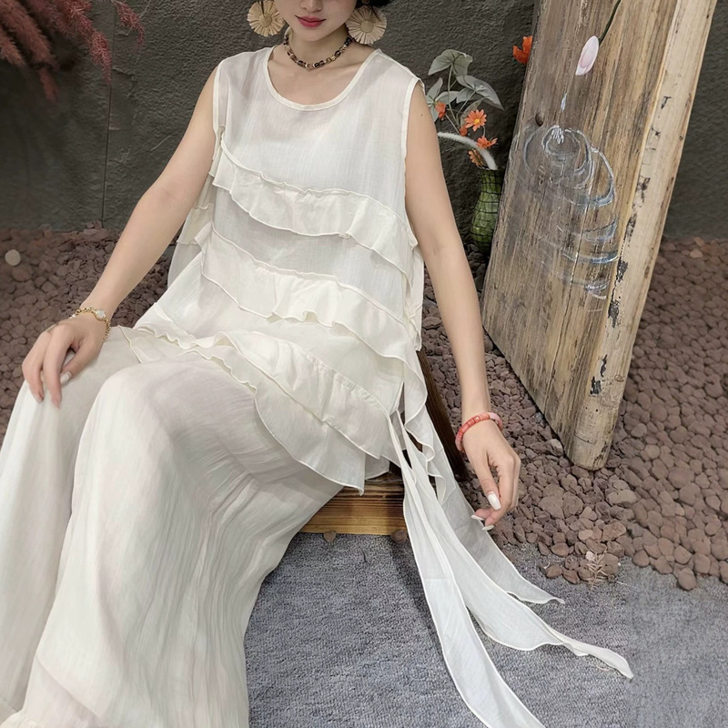 2026 Summer New Style Loose Artistic Ramie Irregular Ribbon Top Lace Round Neck Sleeveless Shirt for Women 2026 Summer New Style Loose Artistic Ramie Irregular Ribbon Top Lace Round Neck Sleeveless Shirt for Women