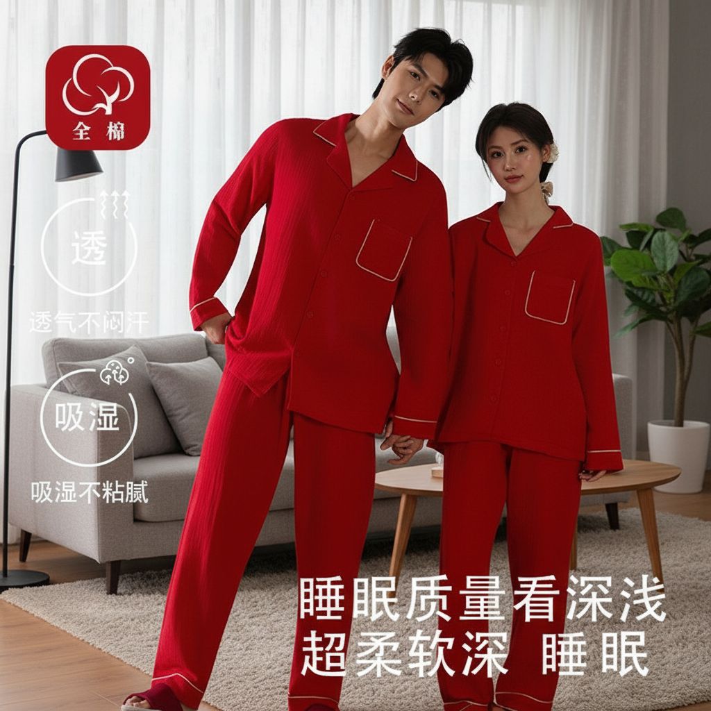 Bright Red Cotton Gauze Festive Couple's Pajama Set, Long-Sleeve and Long-Pants Home Wear for Men and Women, Suitable for the Year of Birth