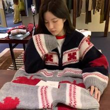 现货韩国东大门代购秋东新款韩系ins风翻领针织开衫毛衣宽松外套