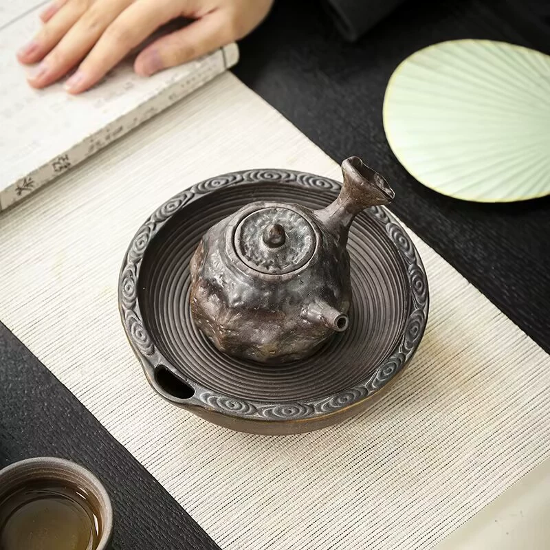 Rough ceramic minimalist creative ceramic teapot warmer drying tray water-storing Chinese vintage teapot doily small tea tray