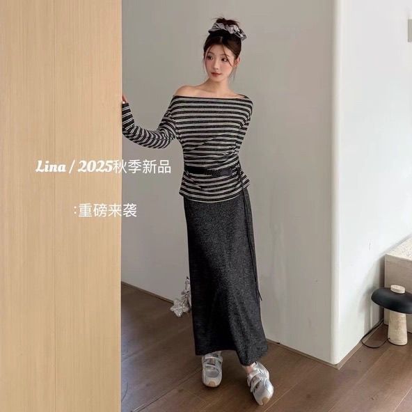 韩版秋季2025条纹一字肩长袖上衣女+半身裙宽松慵懒风两件套|undefined