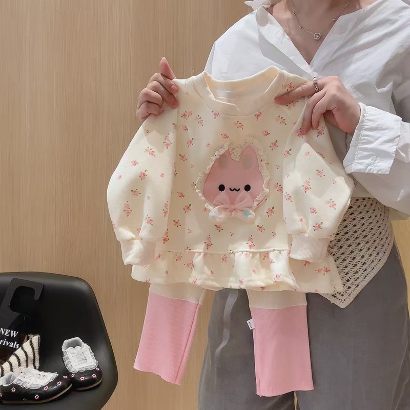 2025女童秋季套装新款韩范卡通Kt猫碎花裙摆卫衣拼色打底裤甜美套|undefined