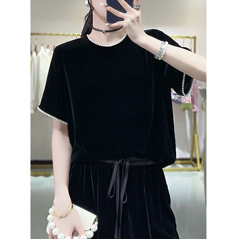 989 エレガントなラウンドネック半袖パールシルクベルベットトップ、女性用、S M L XL XXL、返品交換不可！|undefined