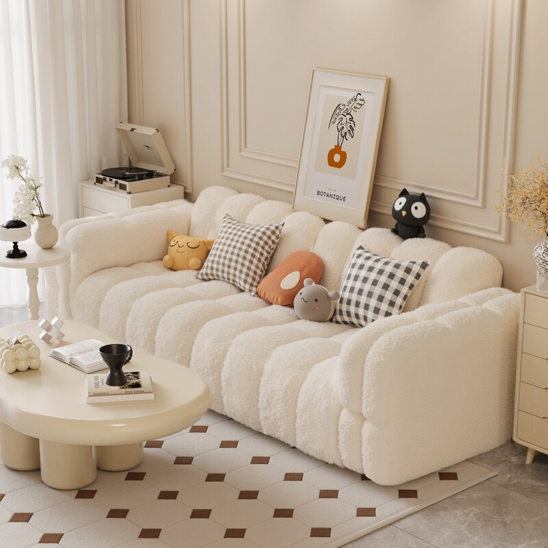 Cream-Style Marshmallow Sofa for Small Living Rooms, Fabric Double or Triple Lamb Wool Straight Lazy Sofa, New Model