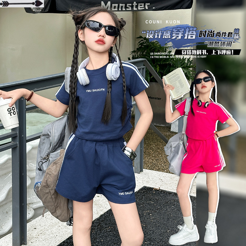 Girls' Sports suit Summer 2024 New Girls' Western Style Summer Shorts Children's Summer Thin Short-sleeved T-shirt 9