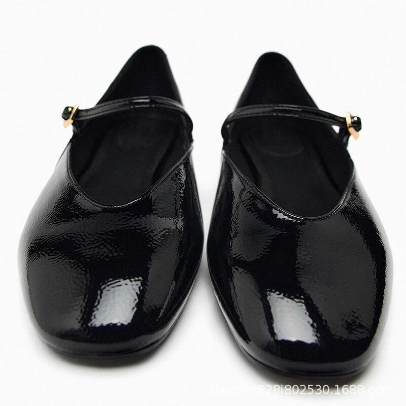 2026 primavera y otoño nuevo tacon plano con hebilla, zapatos de ballet de piel de aceite agrietados, zapatos de ballet planos