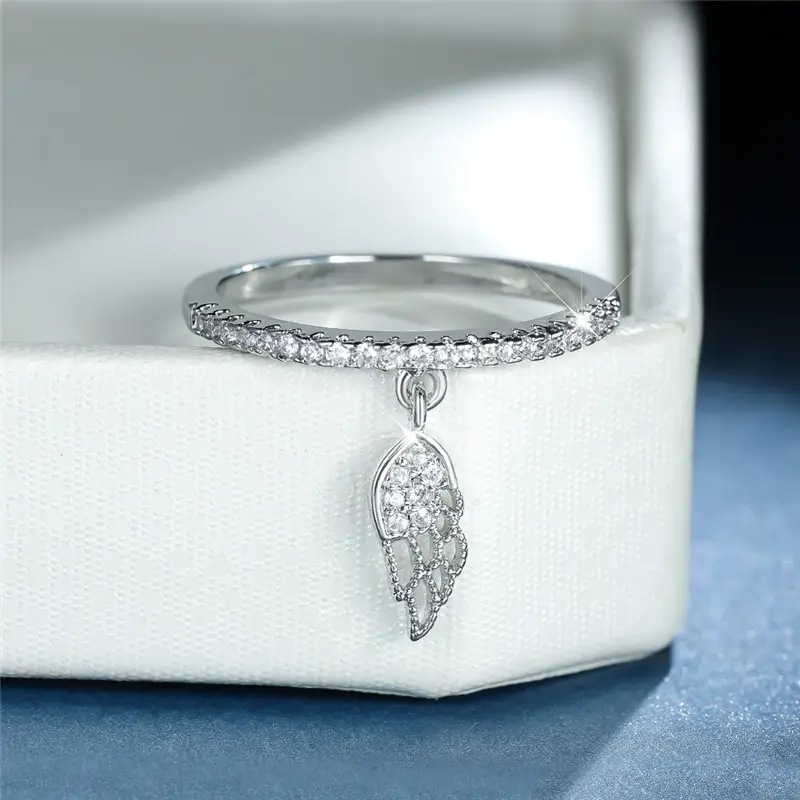 5g Weight Zircon Inlay Material Rings Classification 10, 6, 7 Ring Size 1 Piece Quantity Daily, Tea Party Occasion Feather, Copper Material Geometric, Wings Pattern All Seasons Season Women's Gender Sweet Style Geometric Wings Feather Copper Sweet Rings 2