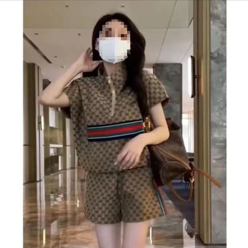 シングル/セットアイスシルクサマーカジュアルスポーツスーツレディーストレンディレトロ多用途外国風ママ服年齢軽減2点セット|undefined