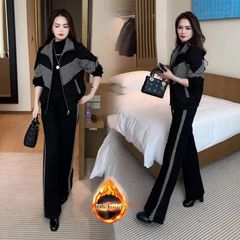 休闲运动服套装女秋新款韩版加绒厚卫衣外套洋气显瘦阔腿裤两件套