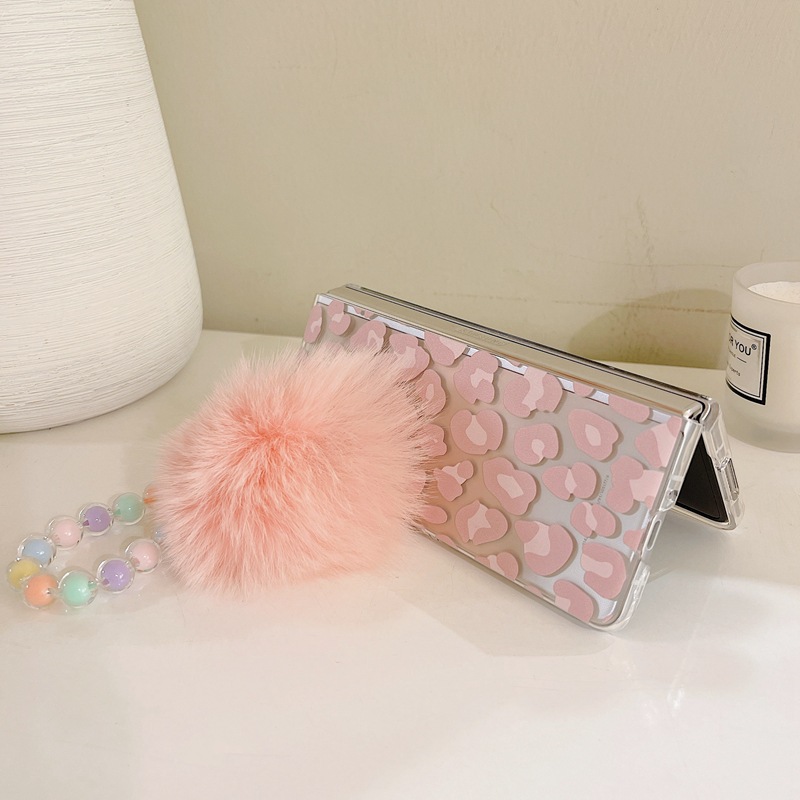 Adatto per Samsung Fold3 Custodia per telefono creativa con motivo leopardato rosa, catena in peluche, schermo pieghevole, stile dea_voghion.com