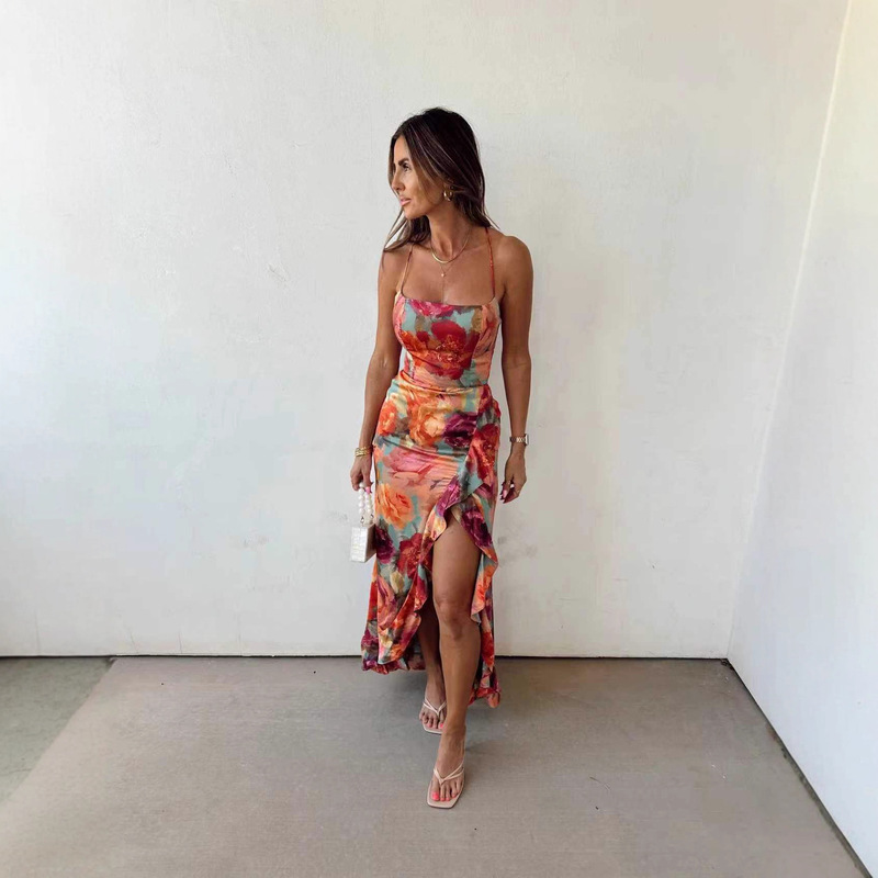 European and American Cross-Border 2025 Women's Summer Floral Back-Tie Printed Fashion Sexy Irregular Dress
