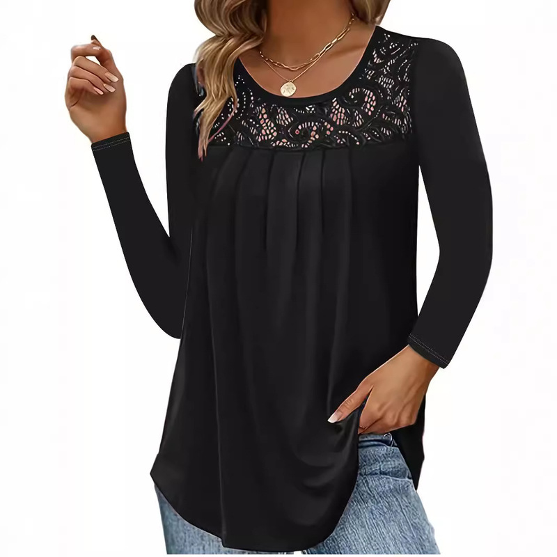 2024 New Amazon European and American Women's Fashion Top Lace Printed Long Sleeve Solid Color T-Shirt