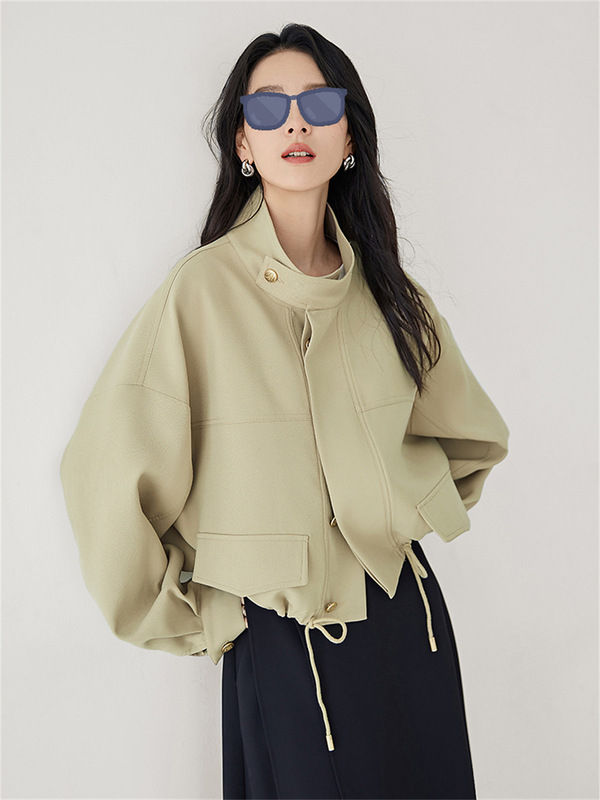 对白气质立领短款风衣外套女2025秋季新款抽绳高级感通勤皮衣夹克|undefined