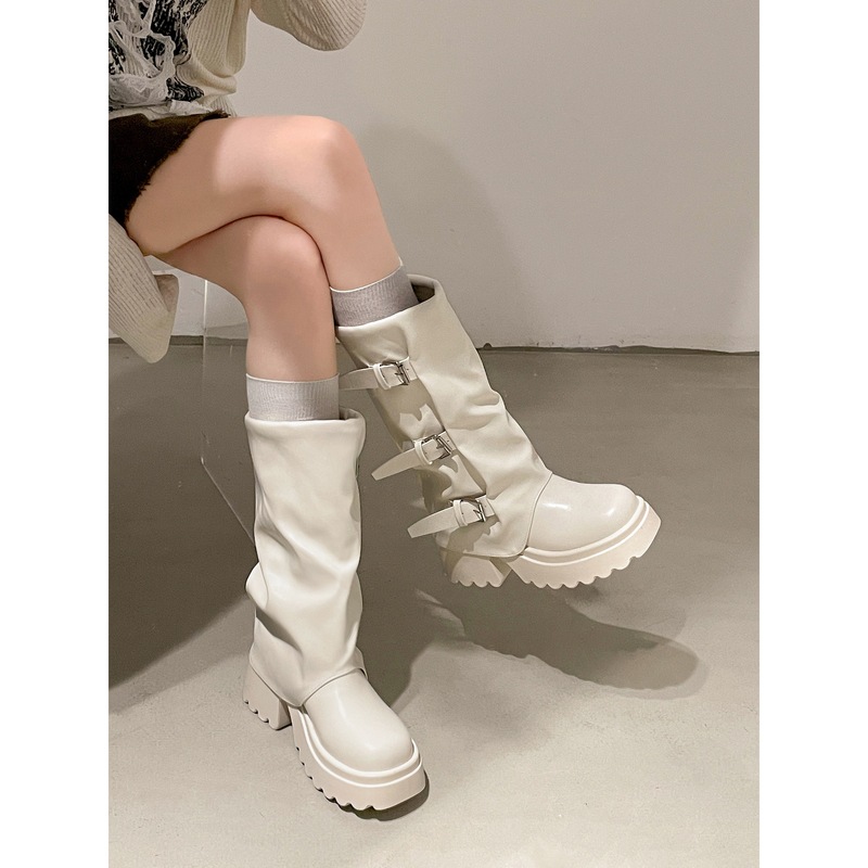 白色英伦风粗高跟厚底马丁靴女款2025新款秋季小个子显瘦裤管靴子|undefined