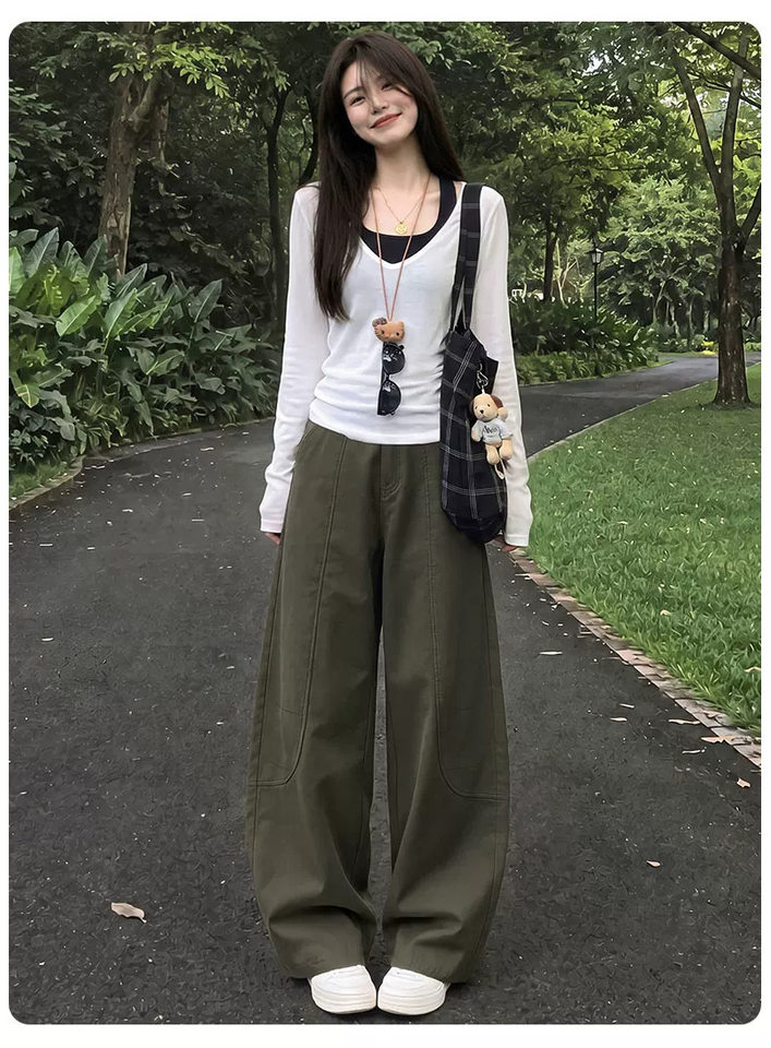Quần ống rộng nữ cạp cao dáng suông thoải mái phong cách thường ngày — Kaki [Kiểu thông thường], Kaki [dành cho người cao], Kaki [dành cho người nhỏ nhắn], Màu xám nâu [dành cho người cao] chi tiết 17