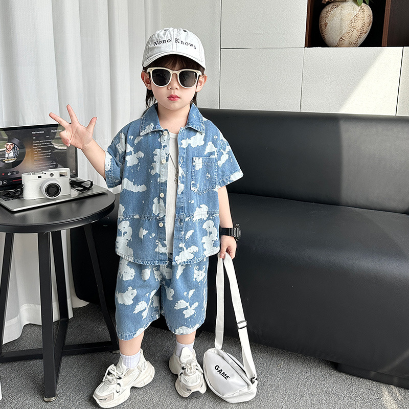 7393 Traje de verano para niños 2025 Nueva ropa de mezclilla de estilo chino de manga corta Traje de dos piezas de verano para niños de moda