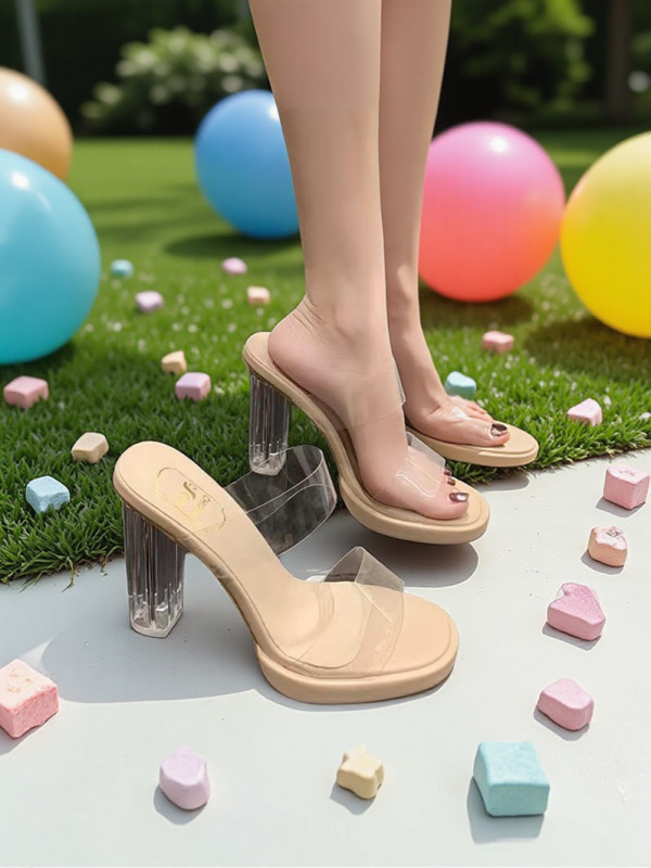 Summer Trendy Plus-Size Women's High-Heeled Sandals Pu Foreign Trade Rhinestone European and American Style Transparent Crystal Outdoor Slippers