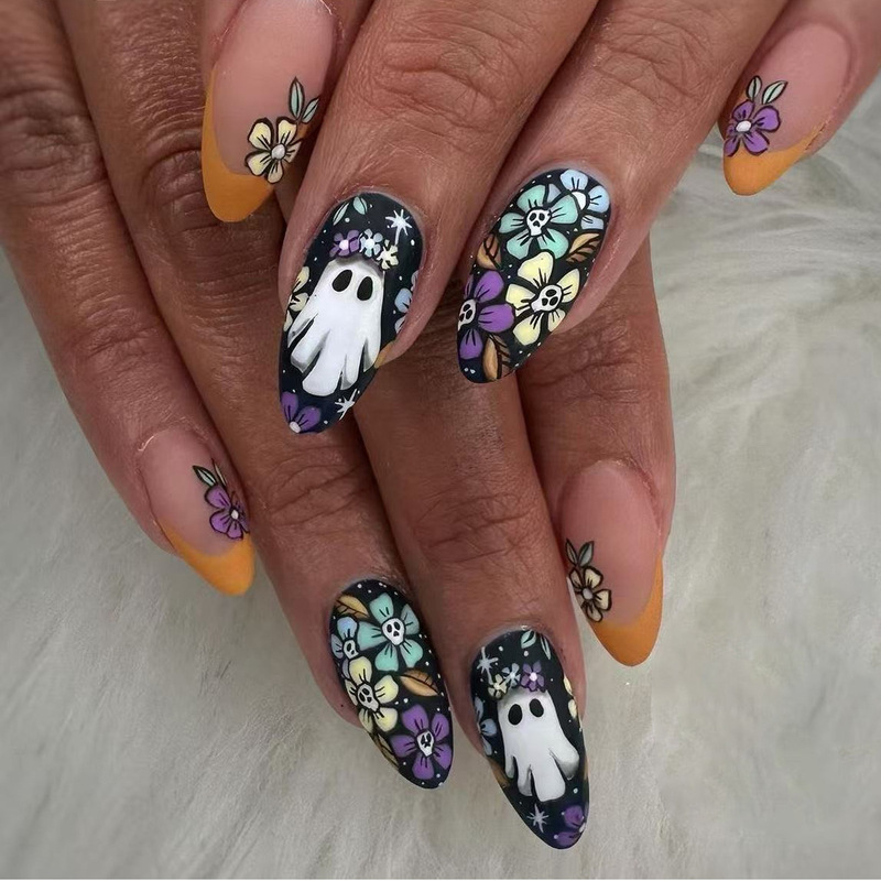Orange French Skull Flower Halloween Ghost Cute Style Manicure Finished Wearable Nails