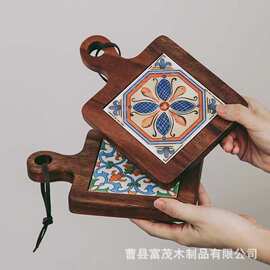 创意木质花砖杯垫家居桌面碗碟隔热垫带手柄水杯饮品垫茶杯托餐垫